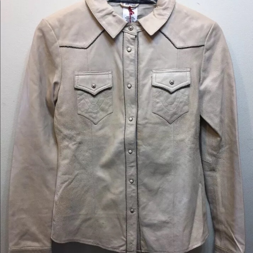 New True Religion Women Leather Shirt Western Long Sleeve Small Beige Distress
